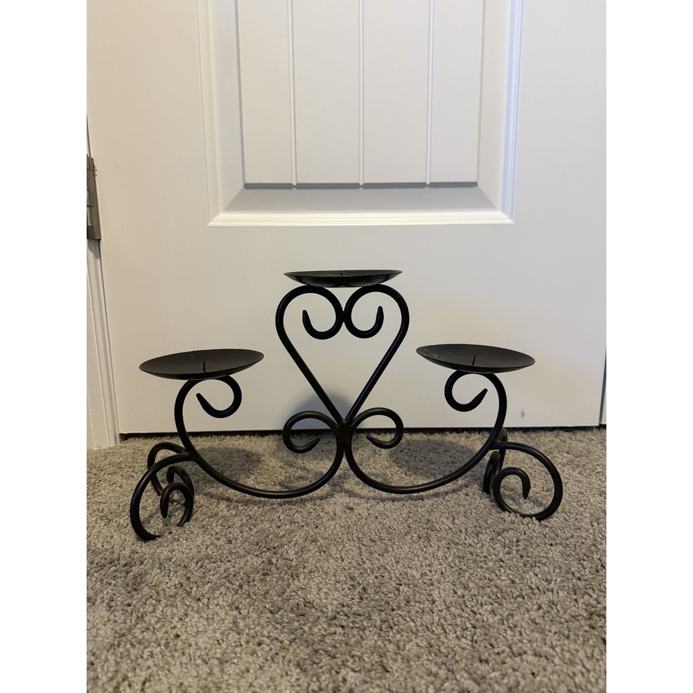 Black metal scroll-work 3-arm pillar candle holder centerpiece